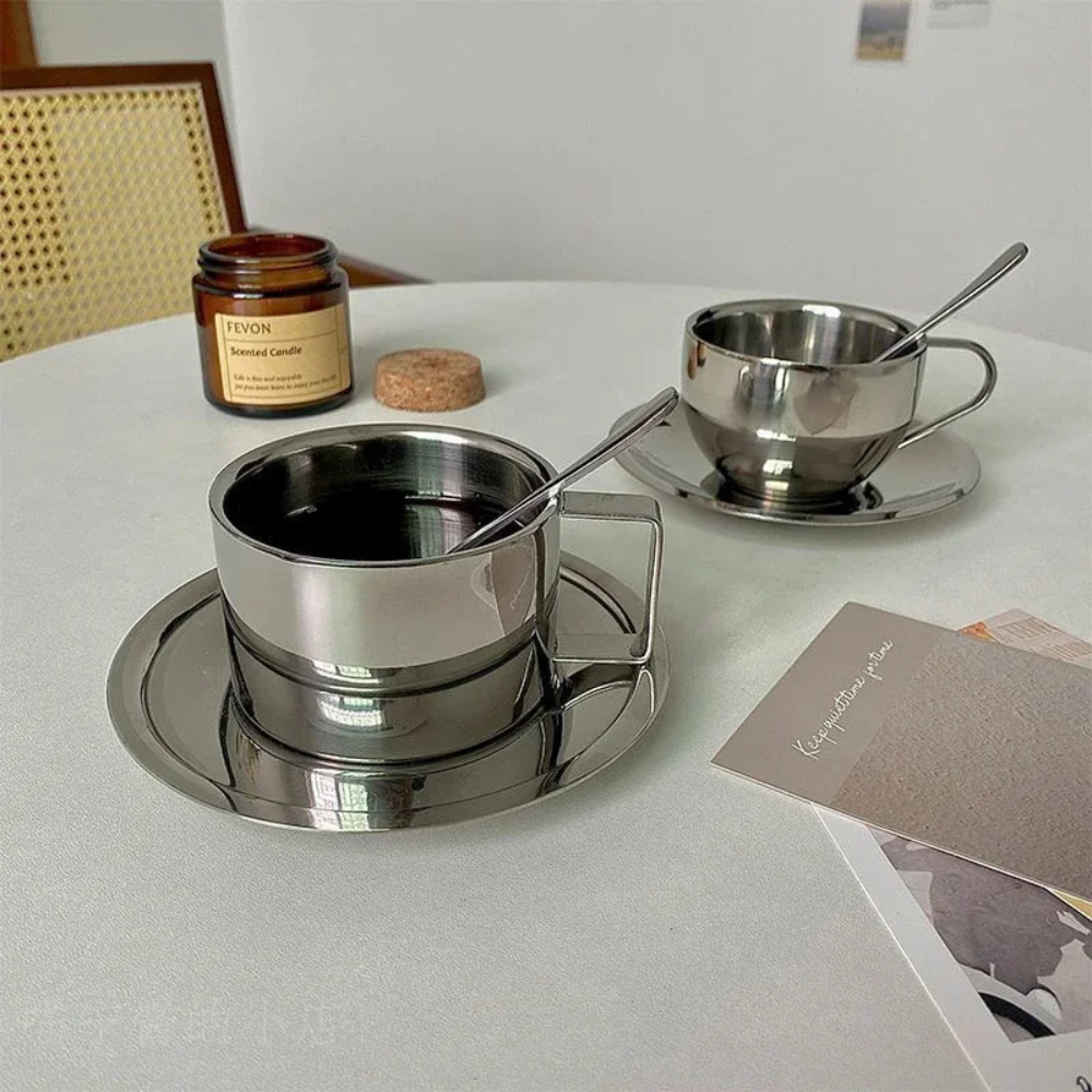 Stainless Steel Coffee Cup With Matching Saucer