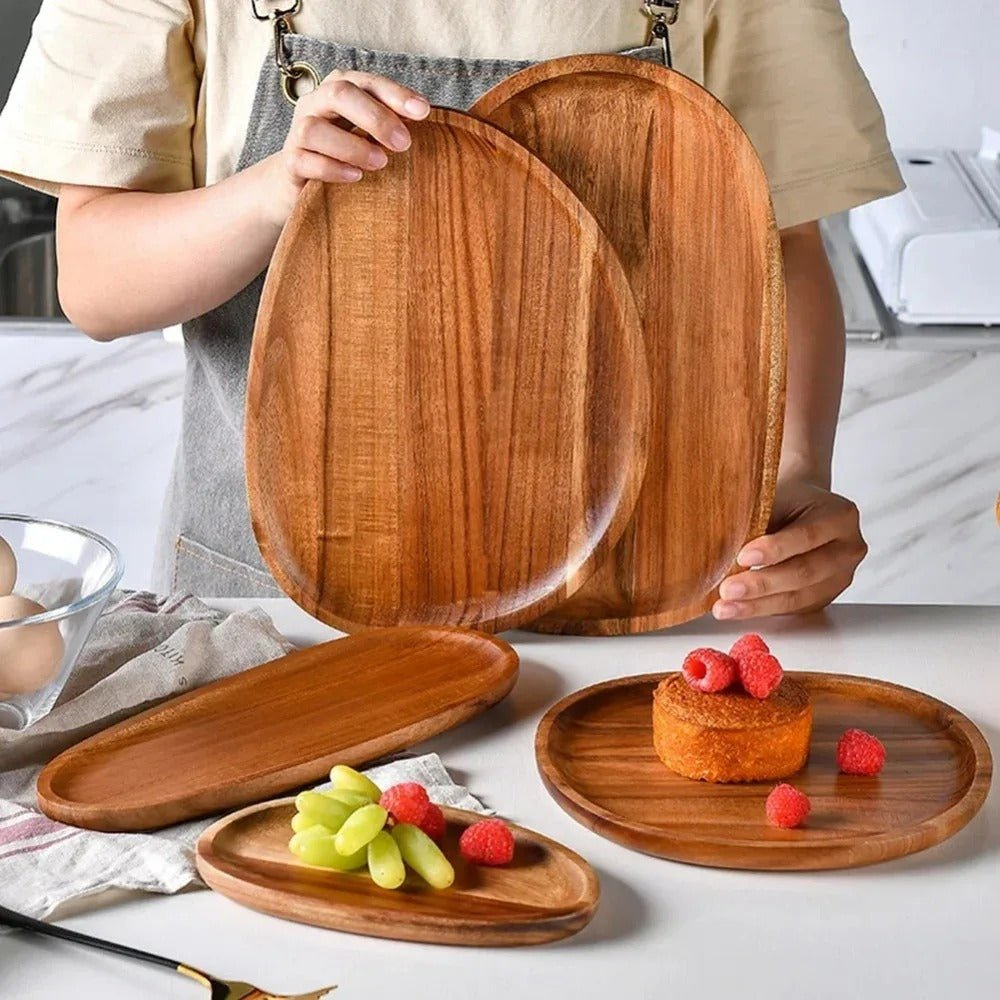 Acacia Wood Serving Tray - Raised Edge Wooden Tray