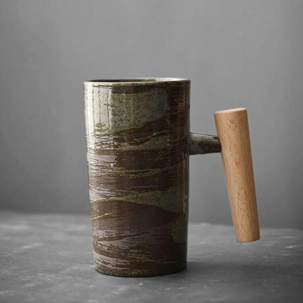 Ceramic Coffee Cup with Natural Wooden Handle - Japanese Style Mug