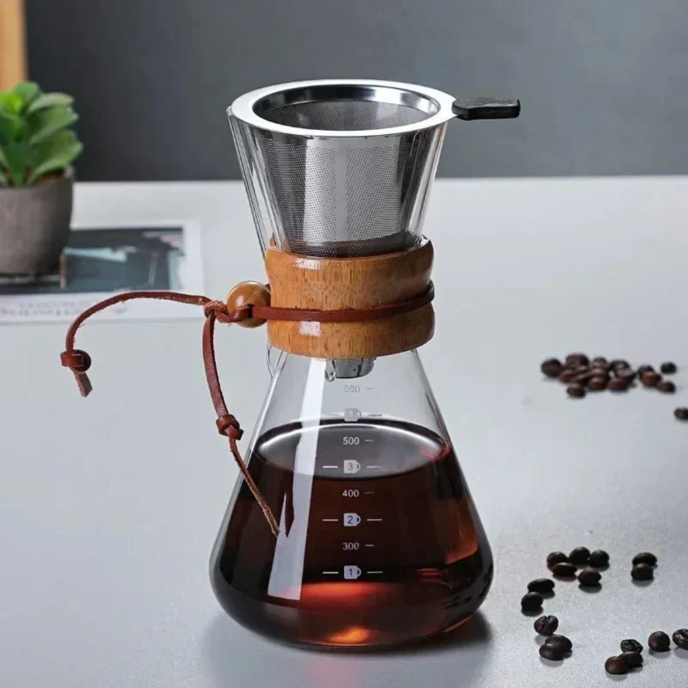Pourover Coffee Brewer Glass Pot and V60 Dripper Set with Metal Filter