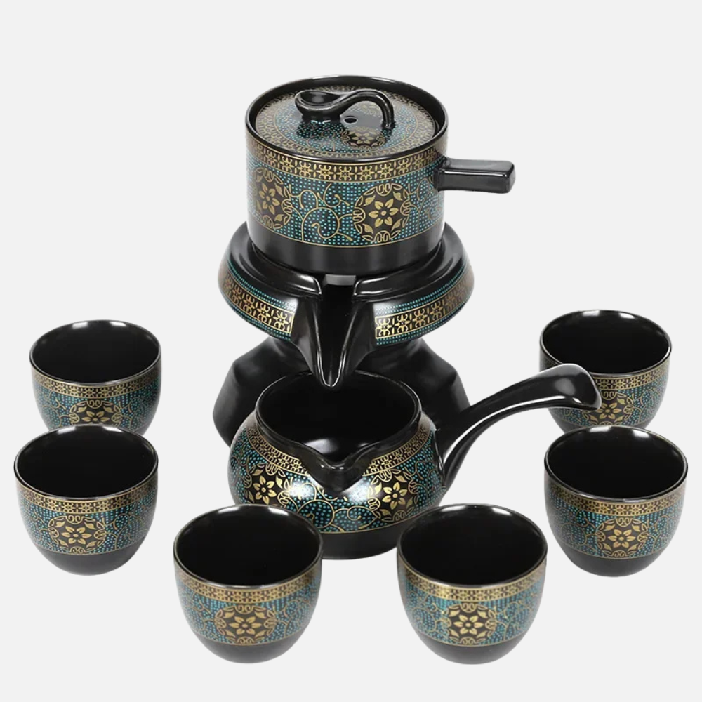 Tea Set with Rotating Stone Mill Ceramic Brewer, Pitcher and Six Cups
