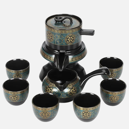 Tea Set with Rotating Stone Mill Ceramic Brewer, Pitcher and Six Cups