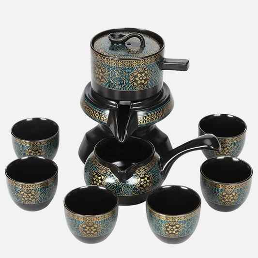 Tea Set with Rotating Stone Mill Ceramic Brewer, Pitcher and Six Cups