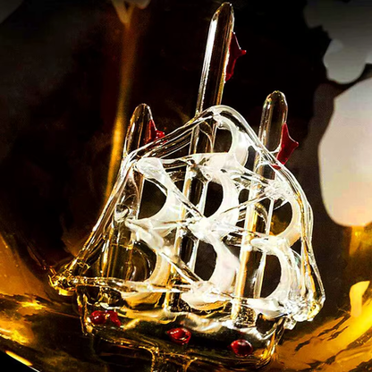 Golden Globe Glass Decanter With Glass Ship Inside - Wooden Stand