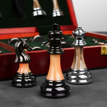Wooden Chess Board - 45cm Large Foldable Set with Metal Pieces