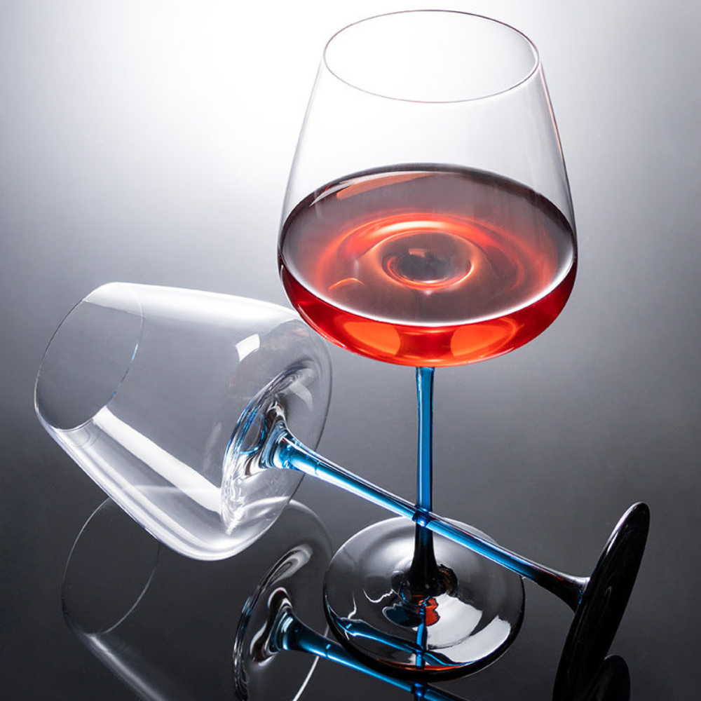 Blue Mountain Glass Wine Decanter With Blue Stem Burgundy Wine Glass Set