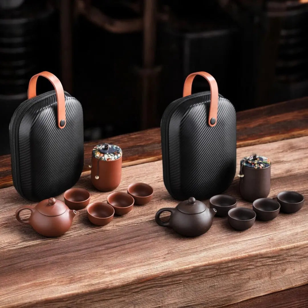 Clay Travel Tea Set With Portable Travel Case - 4 Cups, Tea Jar, Teapot