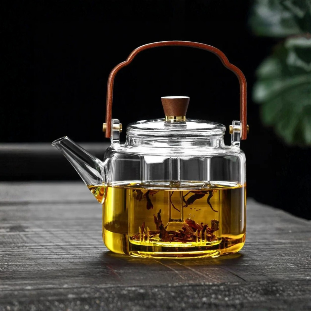 High Borosilicate Glass Brew Teapot Kettle With Wide Wooden Handle - Boiling Water Tea Infuser Kettle