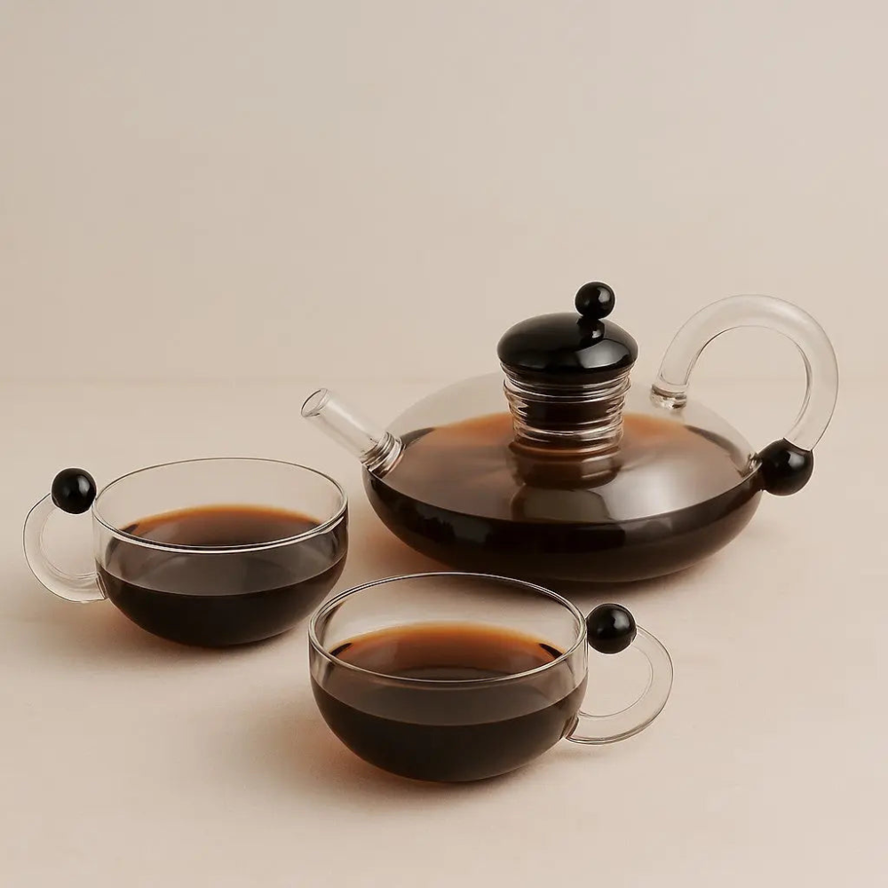 Glass Teapot Kettle WIth Filter & Tea Cups Matching Set