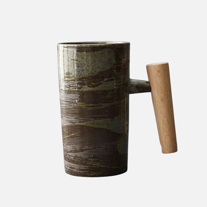 Ceramic Coffee Cup with Natural Wooden Handle - Japanese Style Mug
