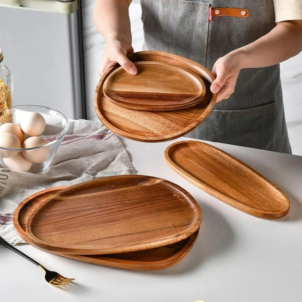 Acacia Wood Serving Tray - Raised Edge Wooden Tray