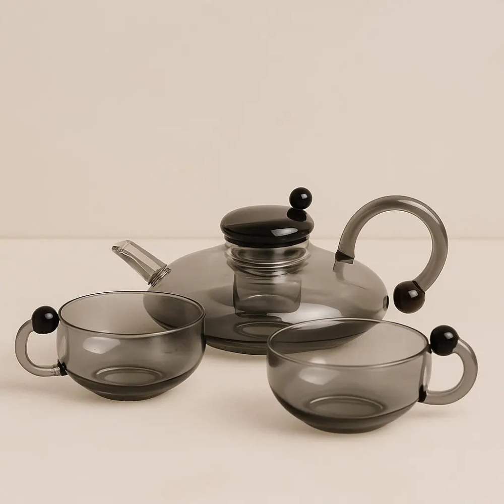 Glass Teapot Kettle WIth Filter & Tea Cups Matching Set