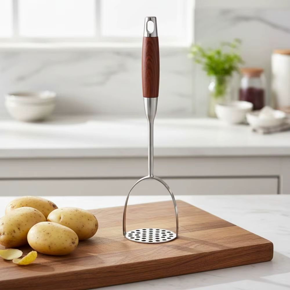 Potato Masher Stainless Steel Manual Food Press with Wooden Handle