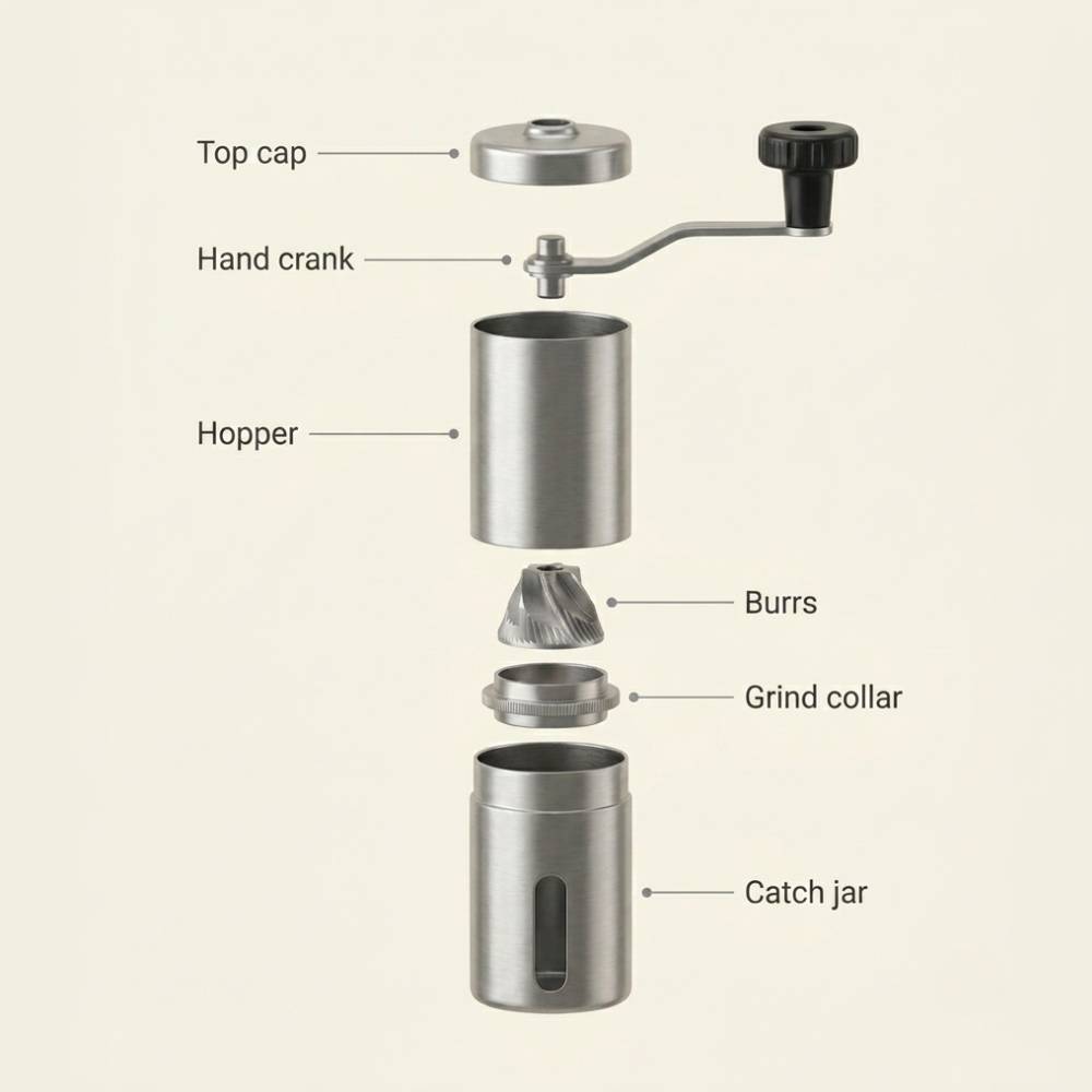 Manual Coffee Grinder with Conical Burr Mechanism and Foldable Handle