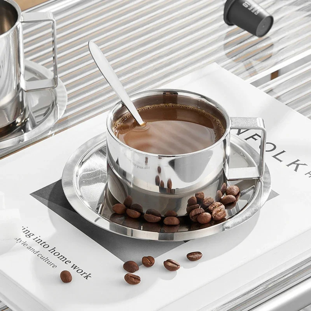 Stainless Steel Coffee Cup With Matching Saucer