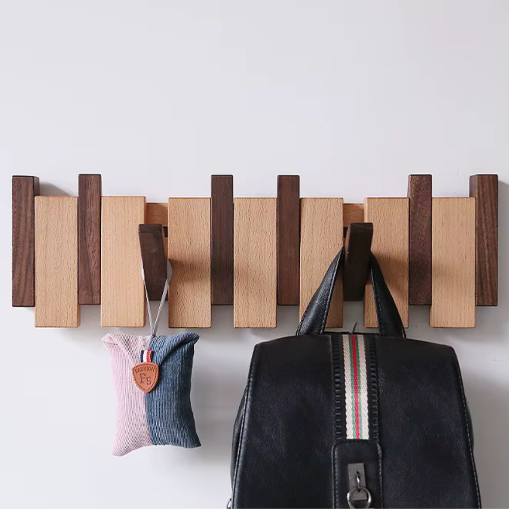 Wooden Folding Wall Coat & Hat Rack With Magnetic Hooks - Multiple Size Racks From 4 Hooks To 8 Hooks
