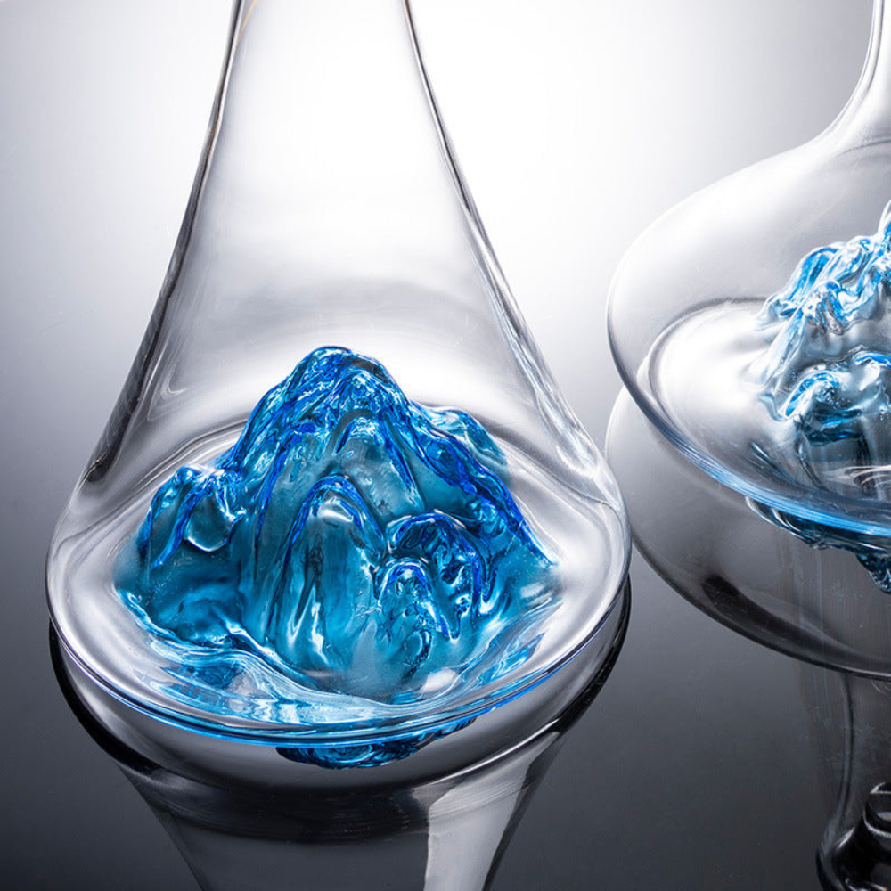 Blue Mountain Glass Wine Decanter With Blue Stem Burgundy Wine Glass Set