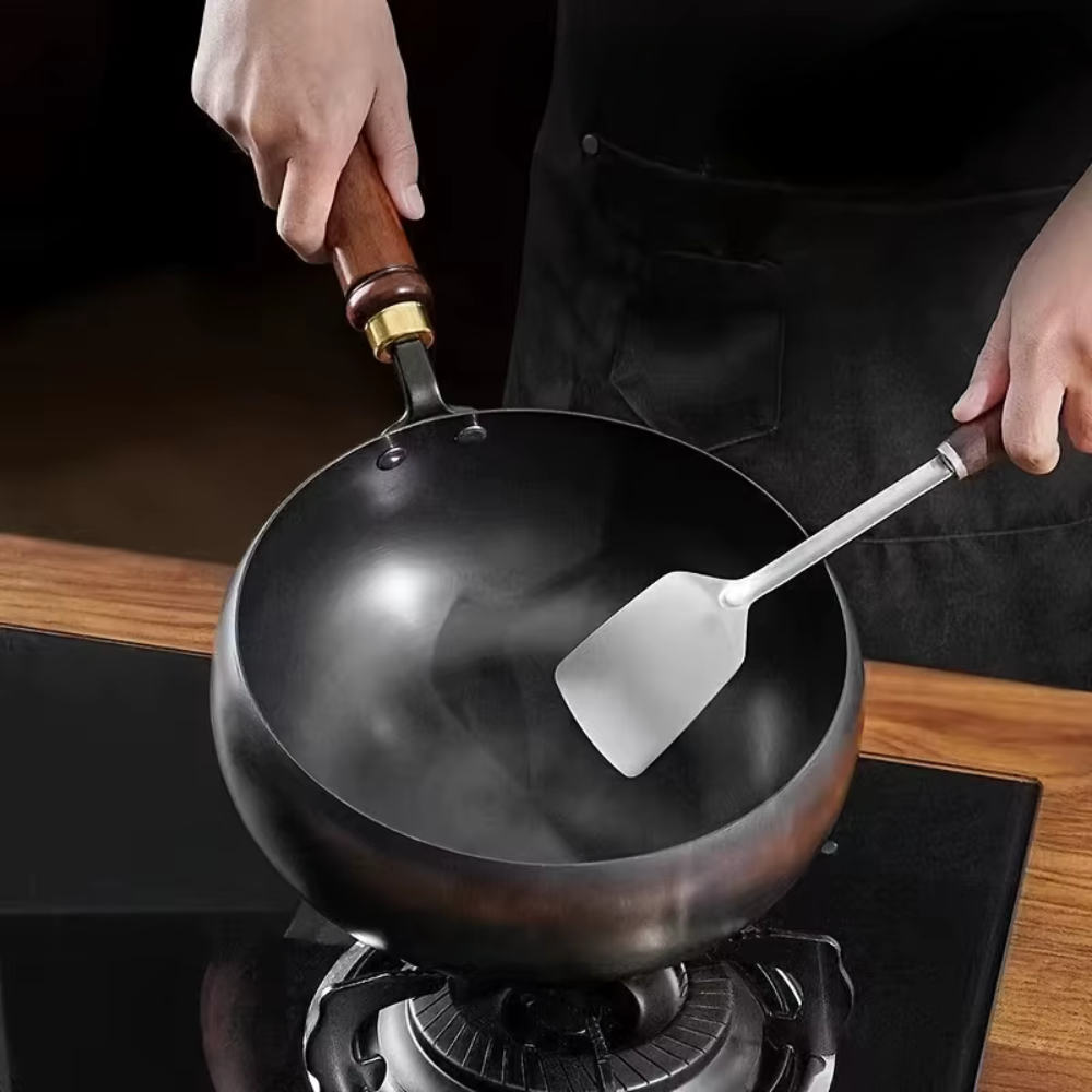 Refined Iron Big Pot Belly Uncoated Pan With Glass or Wooden Lid - Even Heat Frying Kitchen Cookware