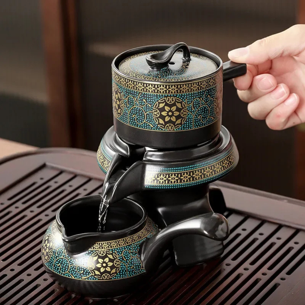 Tea Set with Rotating Stone Mill Ceramic Brewer, Pitcher and Six Cups