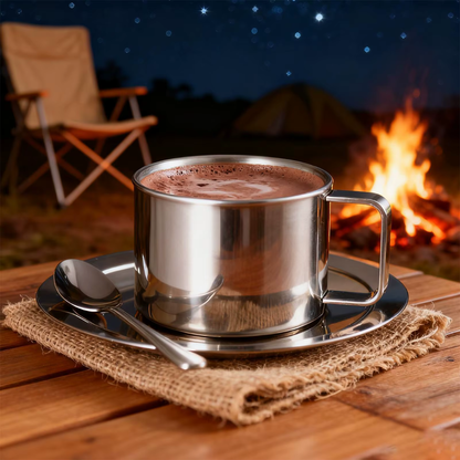 Stainless Steel Coffee Mug Set Double Wall Insulated Cup with Saucer and Spoon