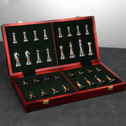 Wooden Chess Board - 45cm Large Foldable Set with Metal Pieces