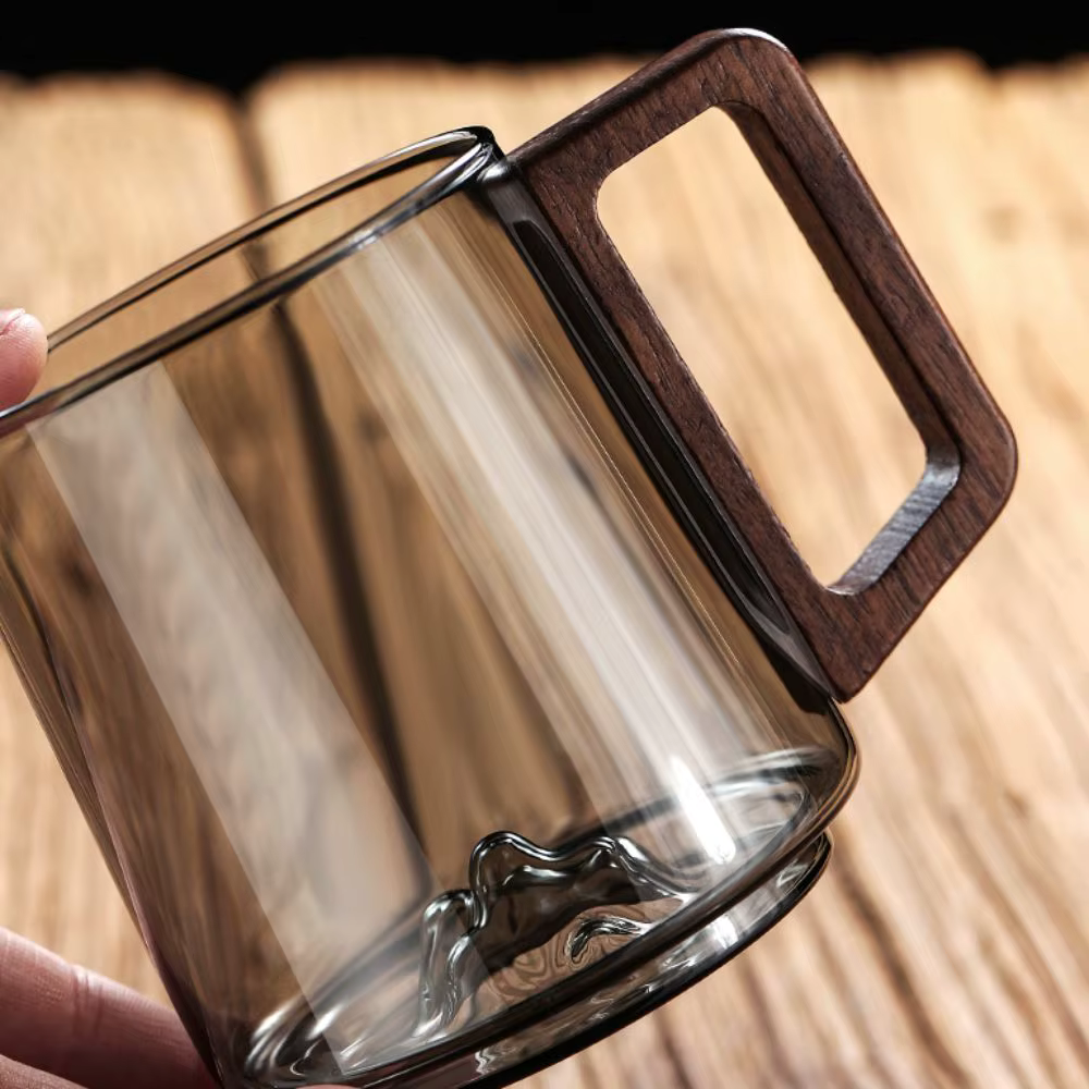 Shadow Glass Tea & Coffee Cup With Rustic Wooden Handle