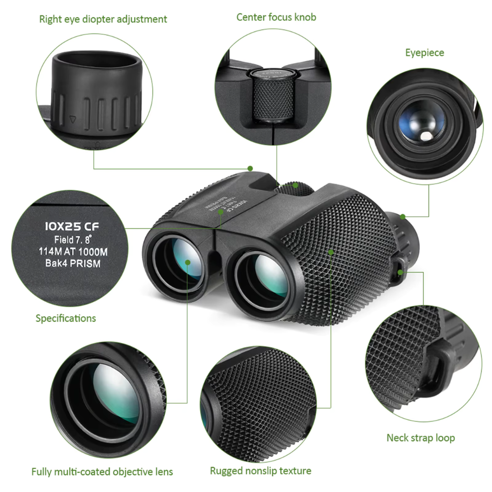 Binoculars 10x25 Fixed Magnification - Portable Optics for Camping