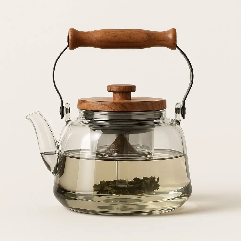 Gray Glass Filtration Teapot, Tea Kettle With Filter, Wooden Handle & Wooden Lid