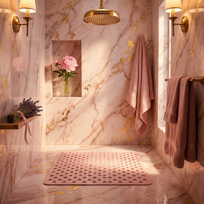 Pink non slip shower mat with drainage holes on a pink marble shower floor under a running rain head
