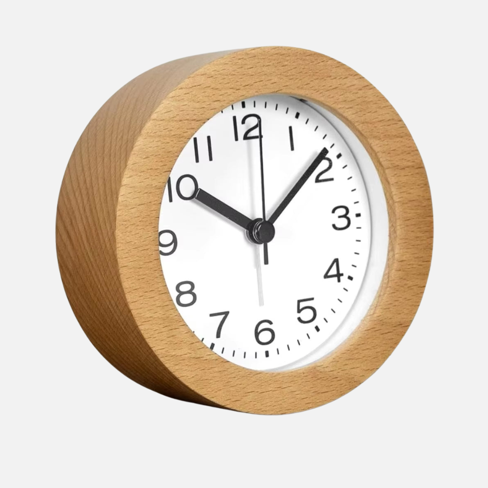 Analog Alarm Clock with Silent Quartz Movement and Solid Beech Wood Frame