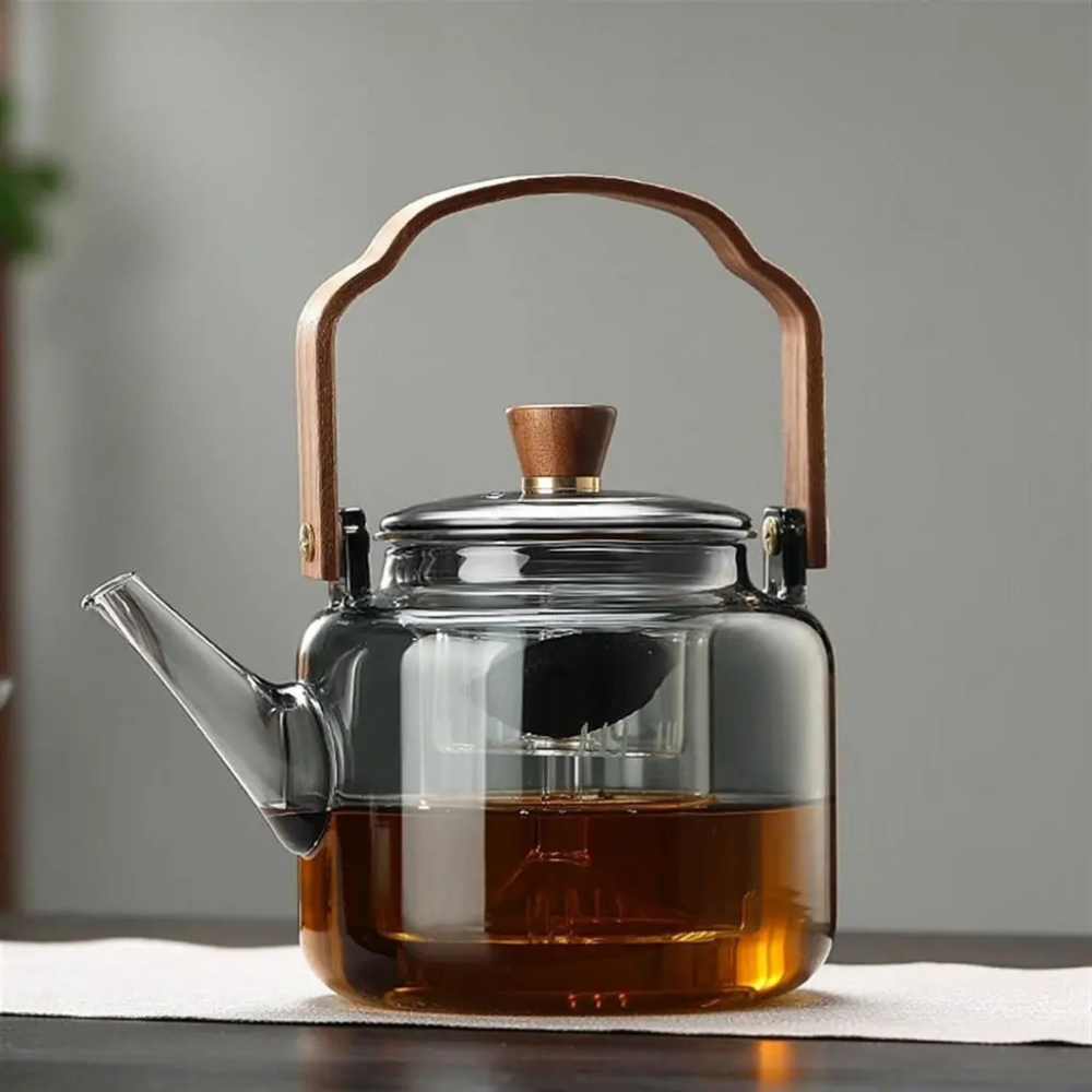 High Borosilicate Glass Brew Teapot Kettle With Wide Wooden Handle - Boiling Water Tea Infuser Kettle