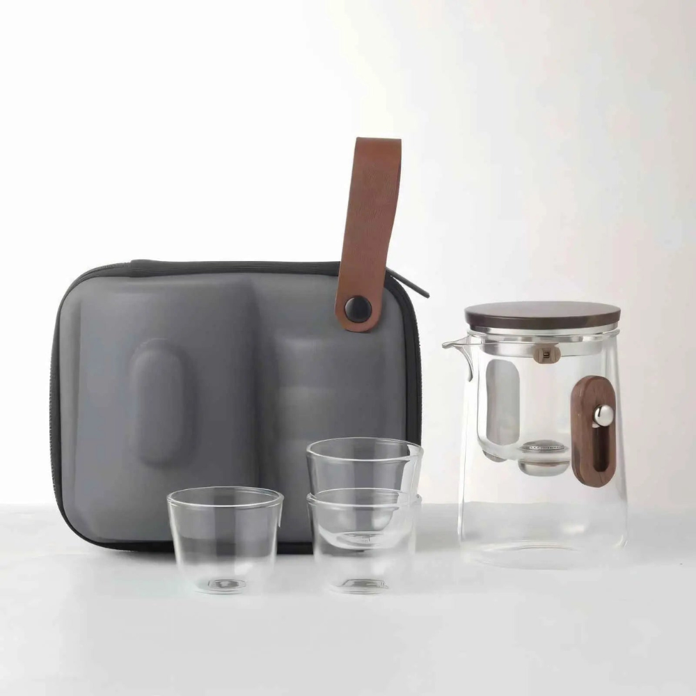 Travel Glass Tea Set, Portable Teapot Kettle With 3 Glass Cups & Travel Case