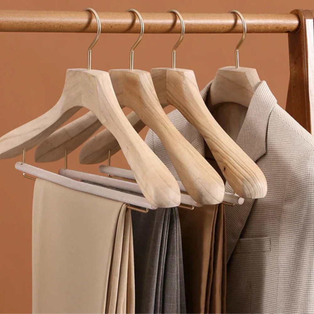 Mens Wide Shoulder & Pants Wooden Hangers, Camphor Wood Suit, Coat & Pants Organizer (Set of 2)