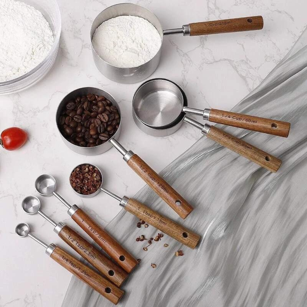 Measuring Spoons Stainless Steel and Wood 8 pcs Utensil Set