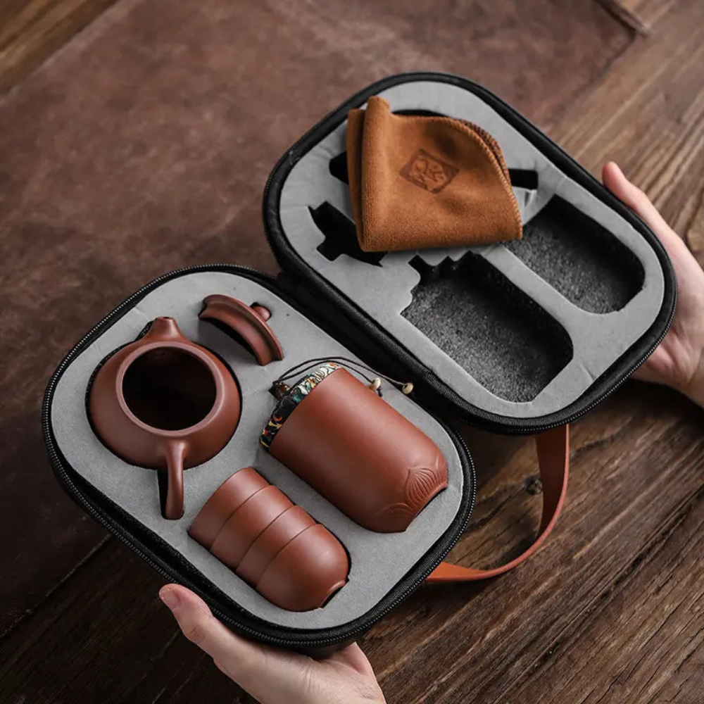 Clay Travel Tea Set With Portable Travel Case - 4 Cups, Tea Jar, Teapot