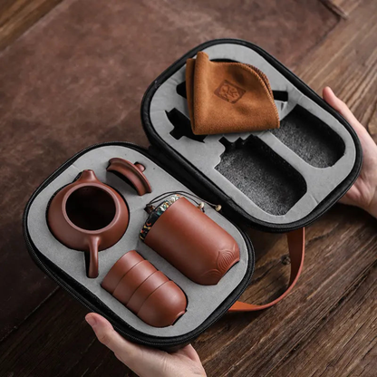 Clay Travel Tea Set With Portable Travel Case - 4 Cups, Tea Jar, Teapot