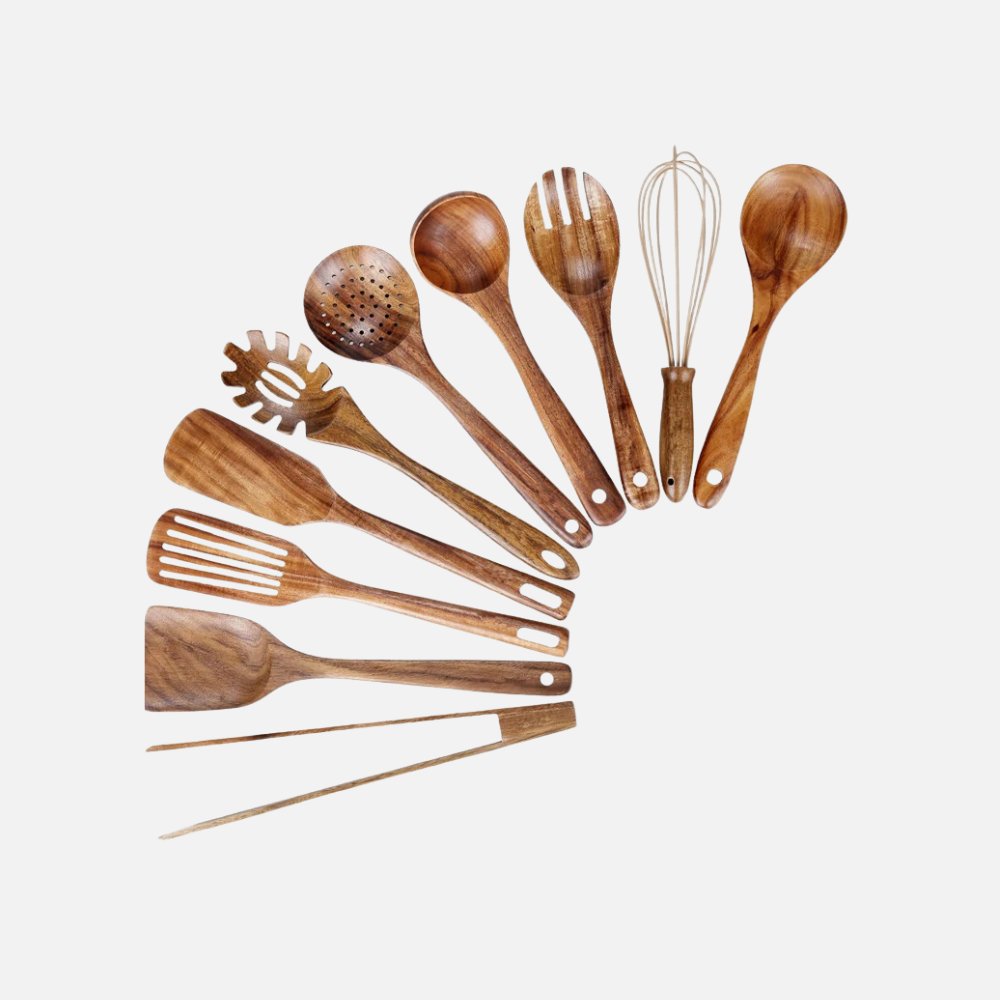 Wooden Utensil Kitchen Set, Complete Teak Set With 7pcs Or 10pcs