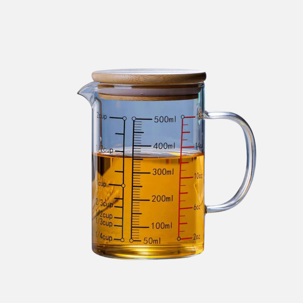 High Borosilicate Glass Measuring Cup, Cooking Measuring Cup - Glass Cups with Lid, Glass Lid and Bamboo Lid