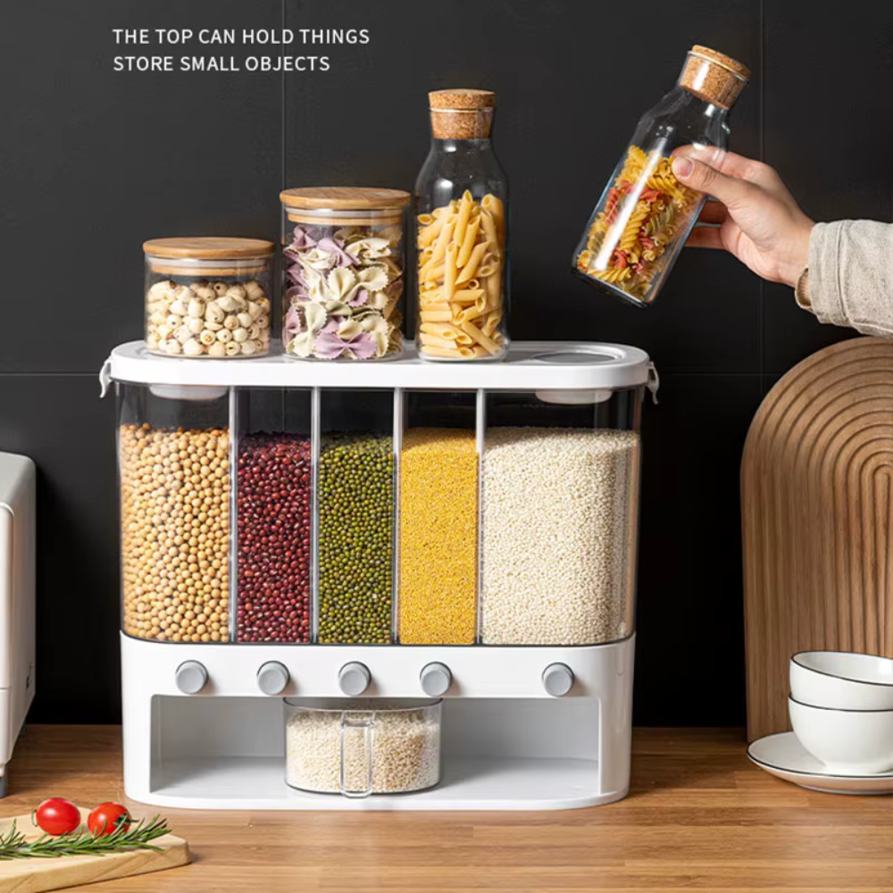 Multi-Compartment Airtight Grain Storage Container, Kitchen Dispenser Pantry Organiser
