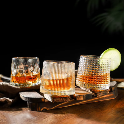 Spinning Whiskey Glass with Wooden Base - Three Glass Styles