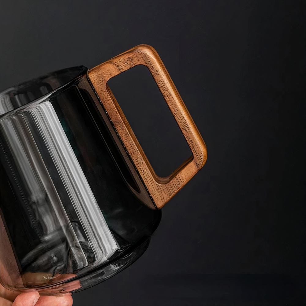 Shadow Glass Tea & Coffee Cup With Rustic Wooden Handle
