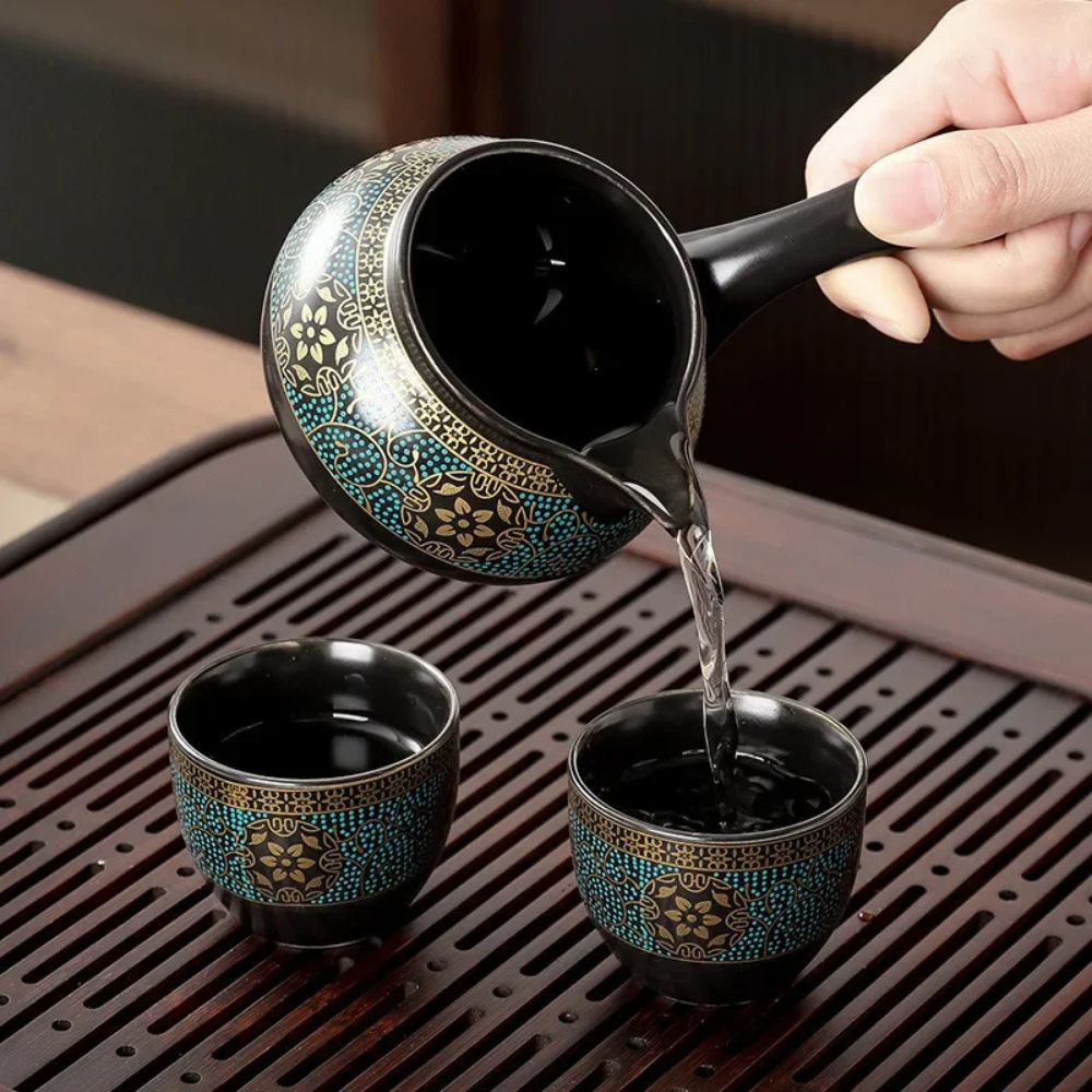 Tea Set with Rotating Stone Mill Ceramic Brewer, Pitcher and Six Cups