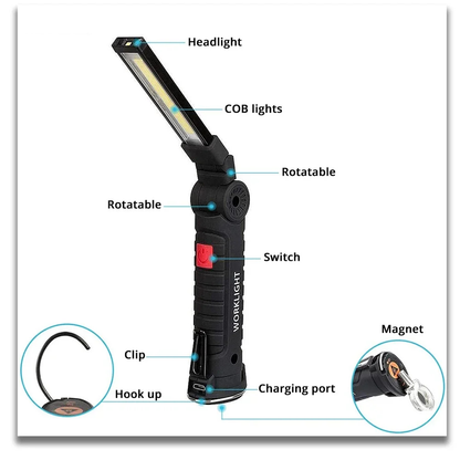 Rechargeable Flashlight LED Work Light with Magnetic Base and Hook