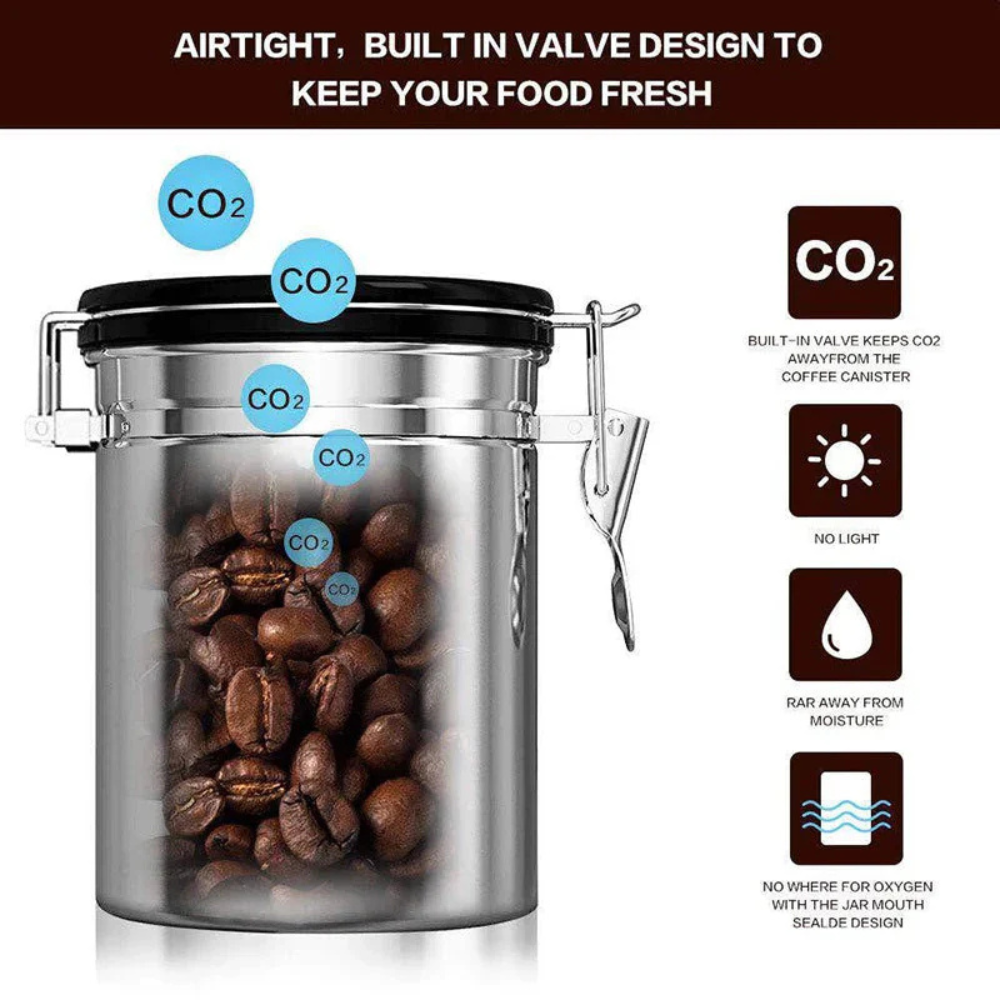 Air Tight Coffee Container with CO2 Valve, Date Tracking Calendar and Scoop