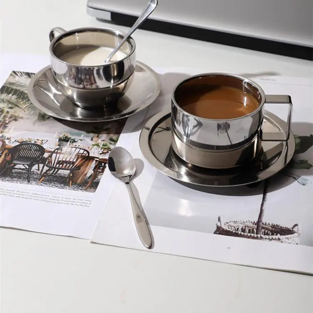 Stainless Steel Coffee Cup With Matching Saucer