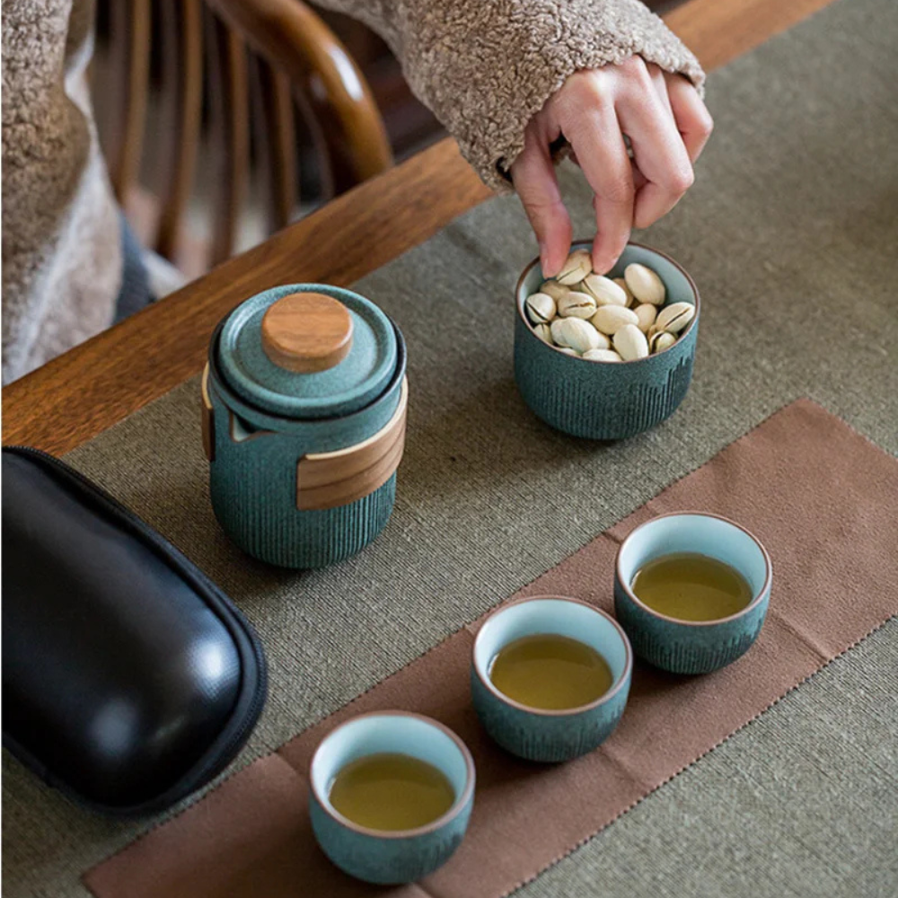 Portable Tea Set For Travel, Bluestone Glazed Style Set