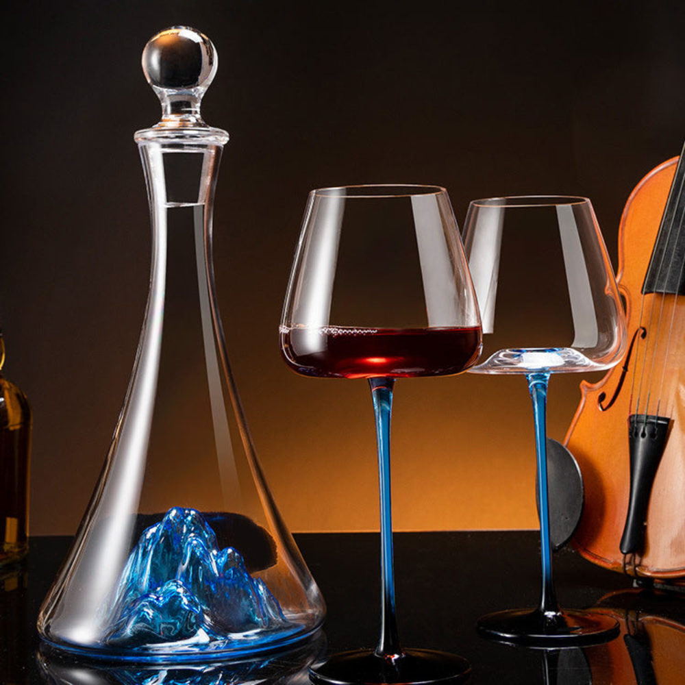 Blue Mountain Glass Wine Decanter With Blue Stem Burgundy Wine Glass Set
