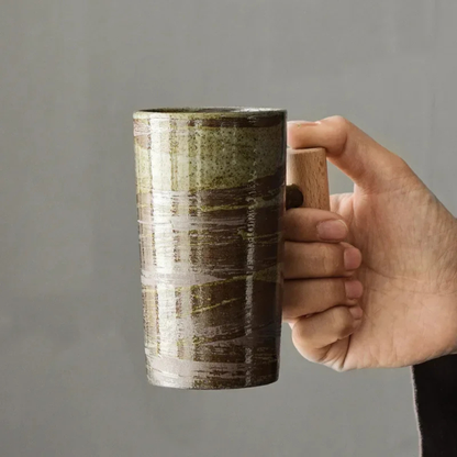 Ceramic Coffee Cup with Natural Wooden Handle - Japanese Style Mug