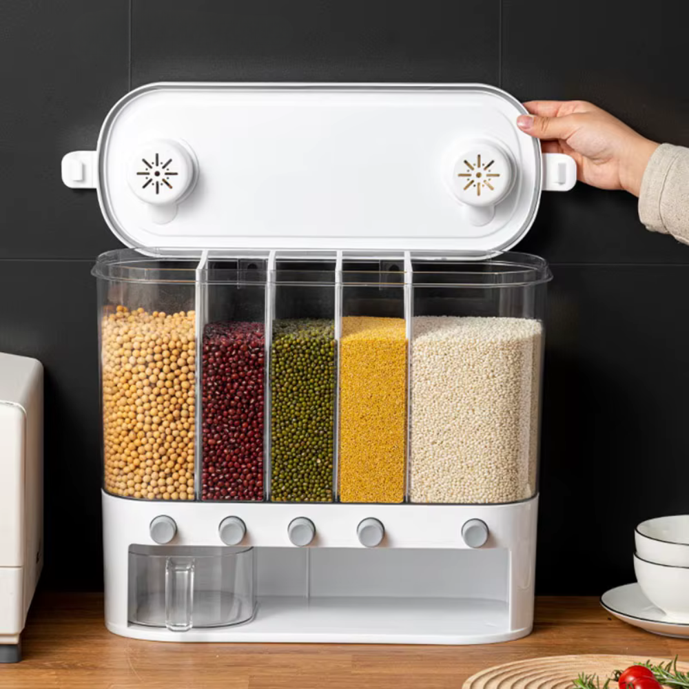 Multi-Compartment Airtight Grain Storage Container, Kitchen Dispenser Pantry Organiser