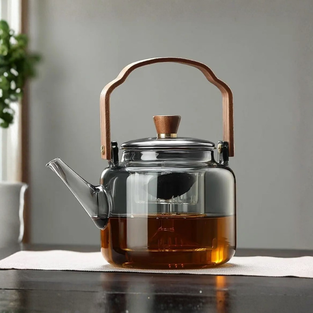 High Borosilicate Glass Brew Teapot Kettle With Wide Wooden Handle - Boiling Water Tea Infuser Kettle